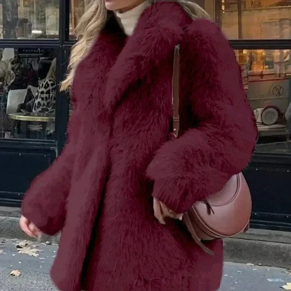 Jackets & Blazers - Burgundy Casual Women's High-End Fluffy Collar Coat